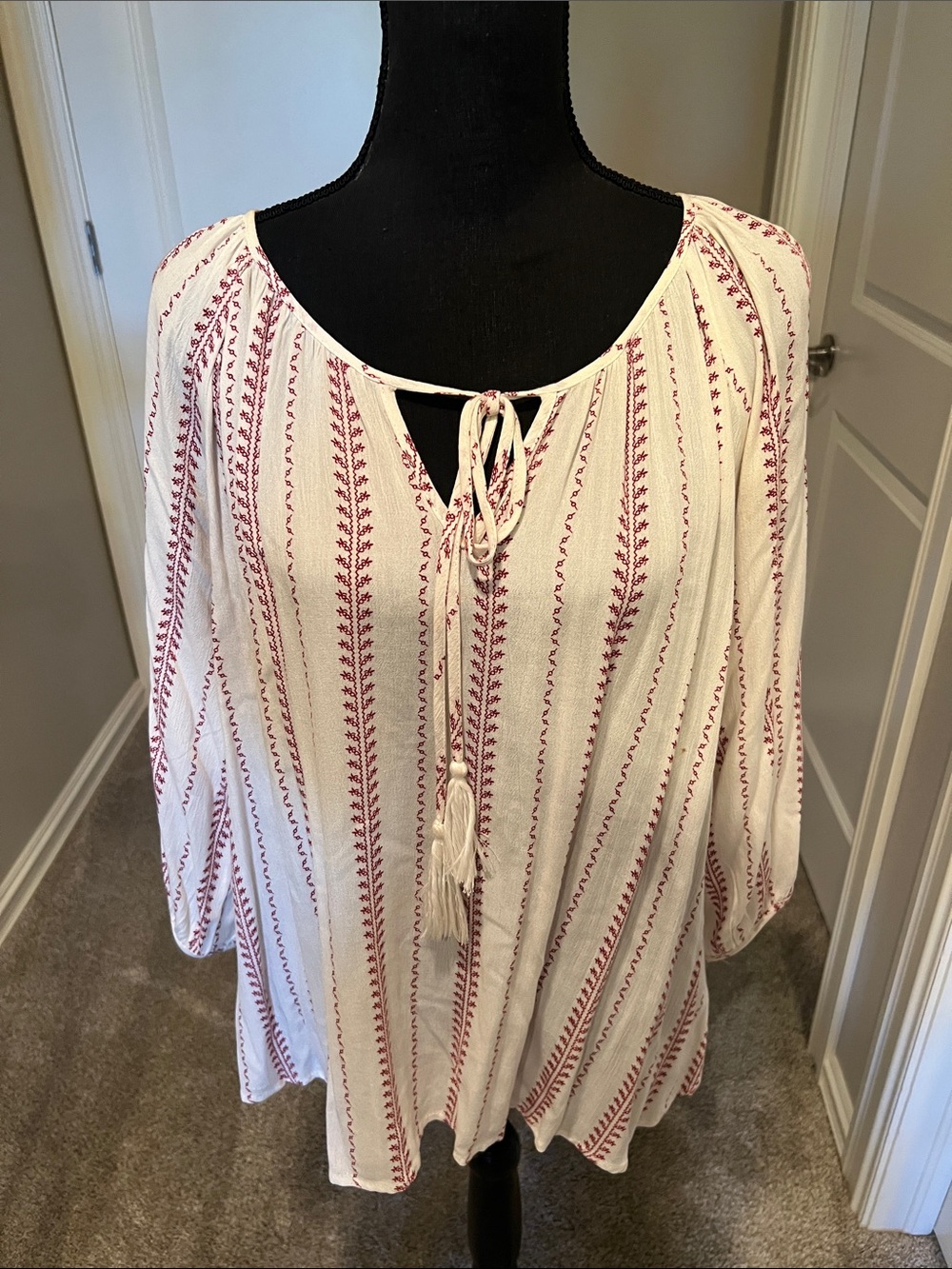 Cream Tunic with Red Stripe Embroidery and Tassel Tie